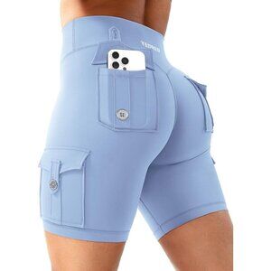 🆕Women Blue Workout Biker Pockets Scrunch High Waisted 8" Inseam Gym Shorts